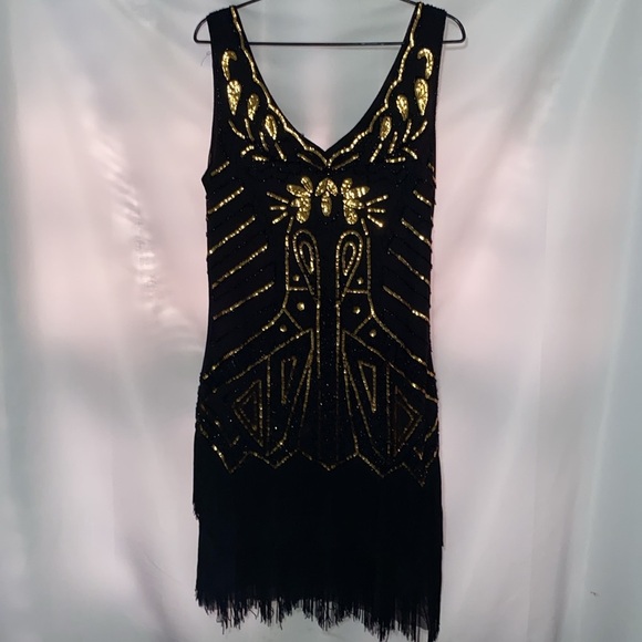 BEYONDBABE WO SIZE XL Elegant Black and Gold SEQUINS FLAPPER Women's STYLE Dress - Picture 7 of 11